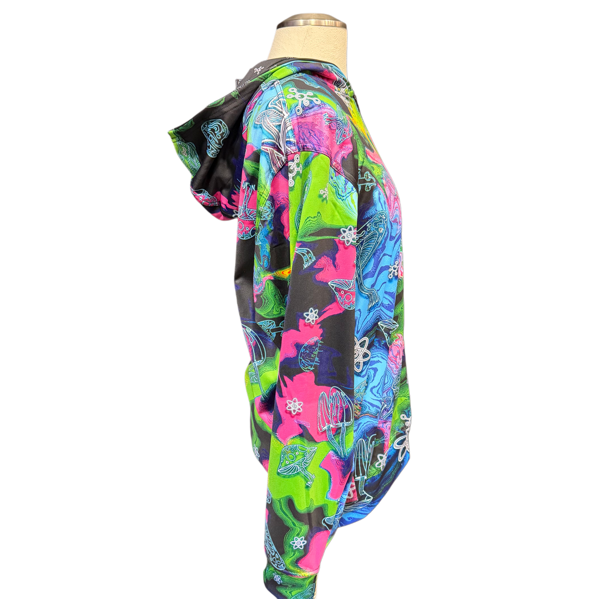 Alien Mushrooms athletic zip-up hoodie by Drip Drop Labs featuring a vibrant alien mushroom design on the front.