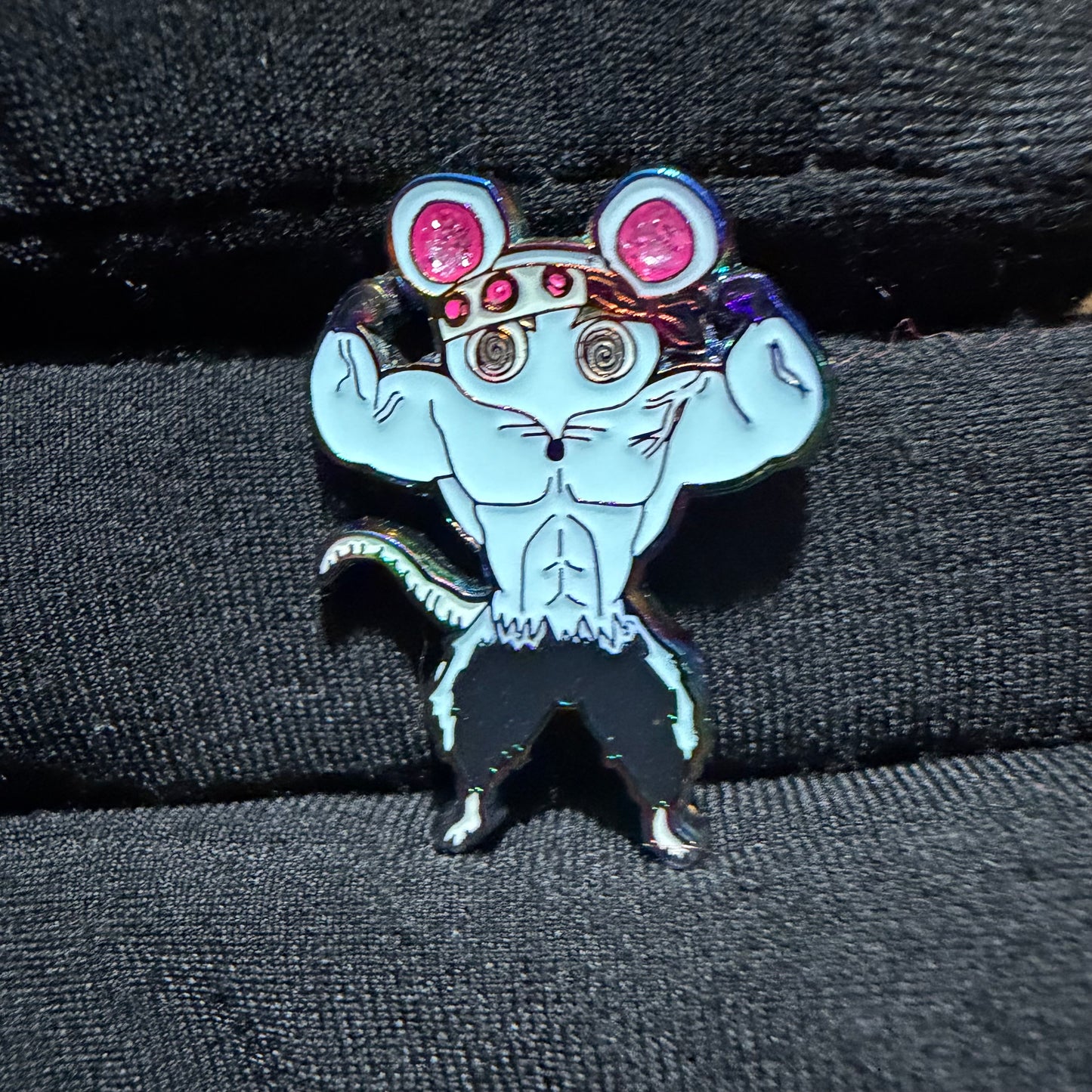 Muscle Muscle Mice enamel pin by Drip Drop Labs featuring a detailed, colorful mouse design on a metal pin backing.