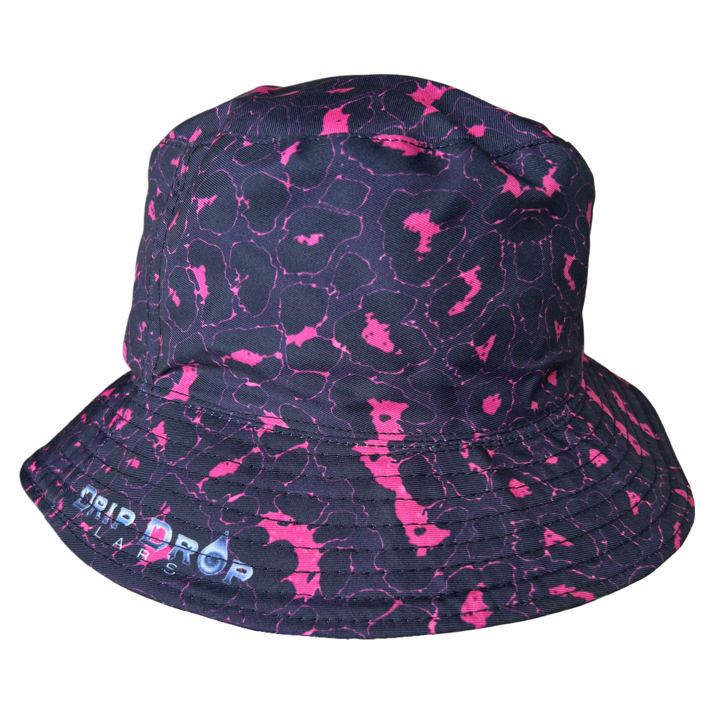 Neon leopard reversible bucket hat by Drip Drop Labs featuring vibrant animal print and casual sun protection style.