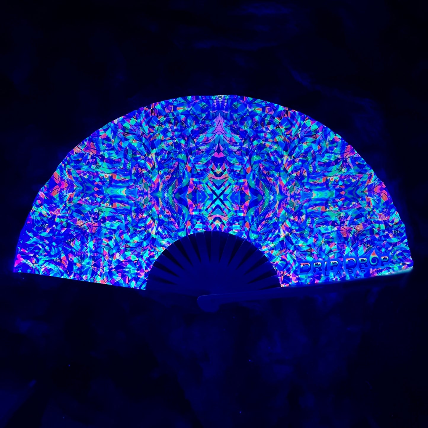 Drip Drop Labs Shattered Candy Glow Fan showing colorful, shattered candy-inspired design with glowing LED lights.