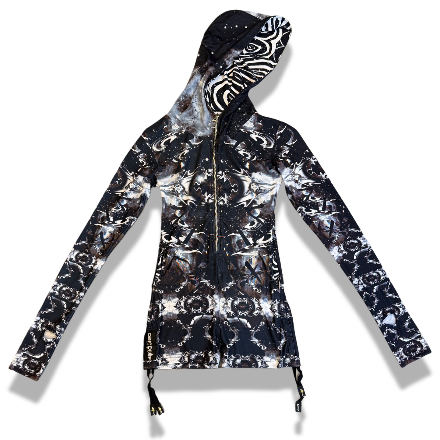 Dark galactic-themed hooded rave romper by Drip Drop Labs, featuring a vibrant, cosmic design for festival wear.