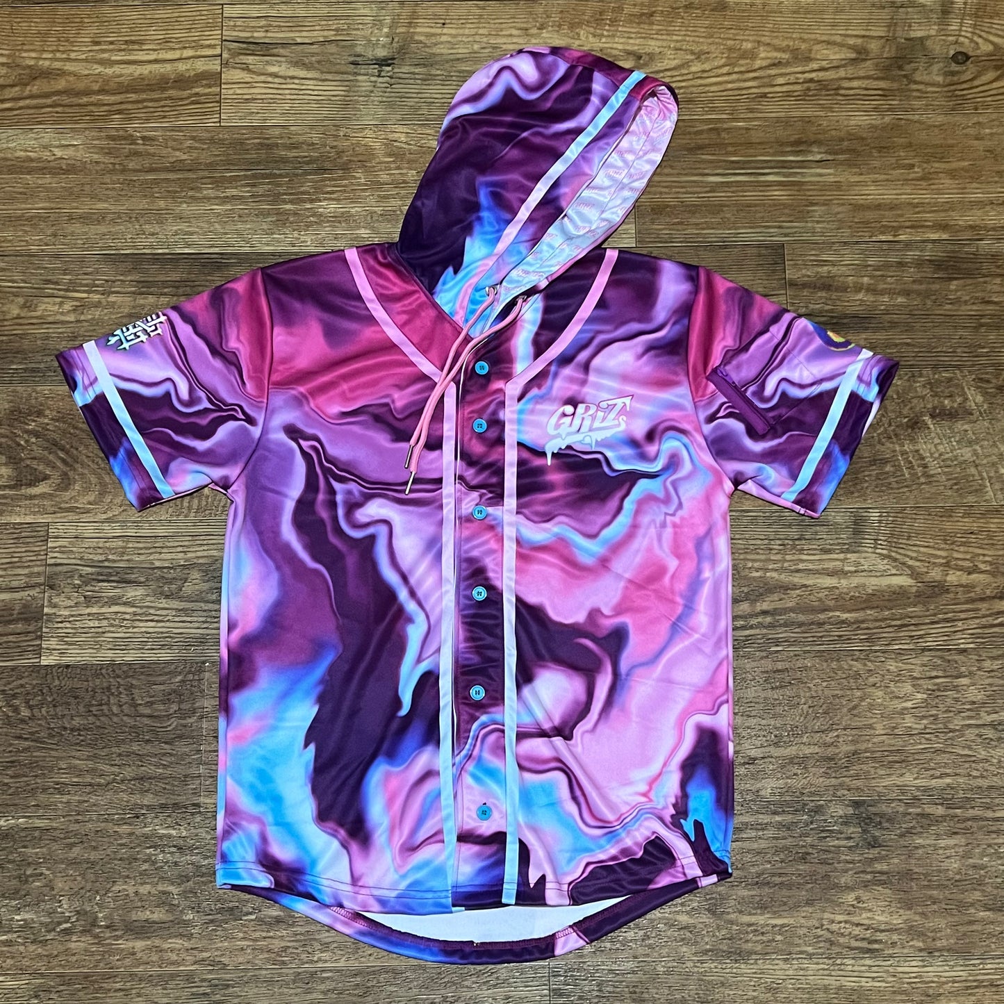 Gray hooded baseball jersey by Drip Drop Labs with front button closure and team logo on the chest.