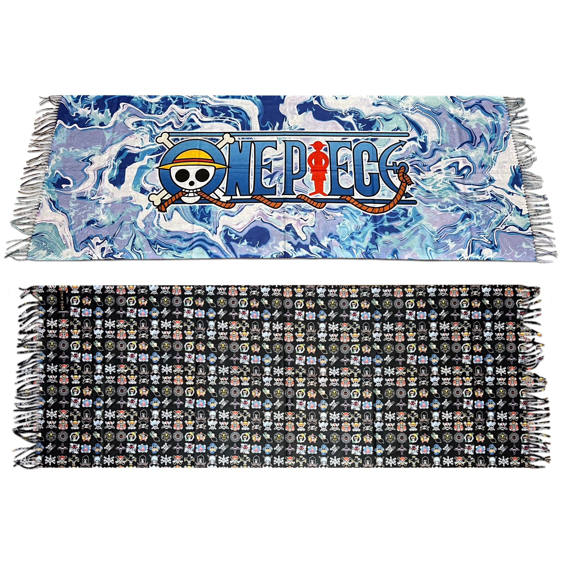 A reversible pashmina with one side featuring a 'One Piece' anime-themed pattern and the other side in a black and white grid pattern, both with tassels.