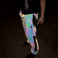 Reflective parachute pants by Drip Drop Labs featuring shiny fabric, adjustable waistband, and a relaxed fit for streetwear style.