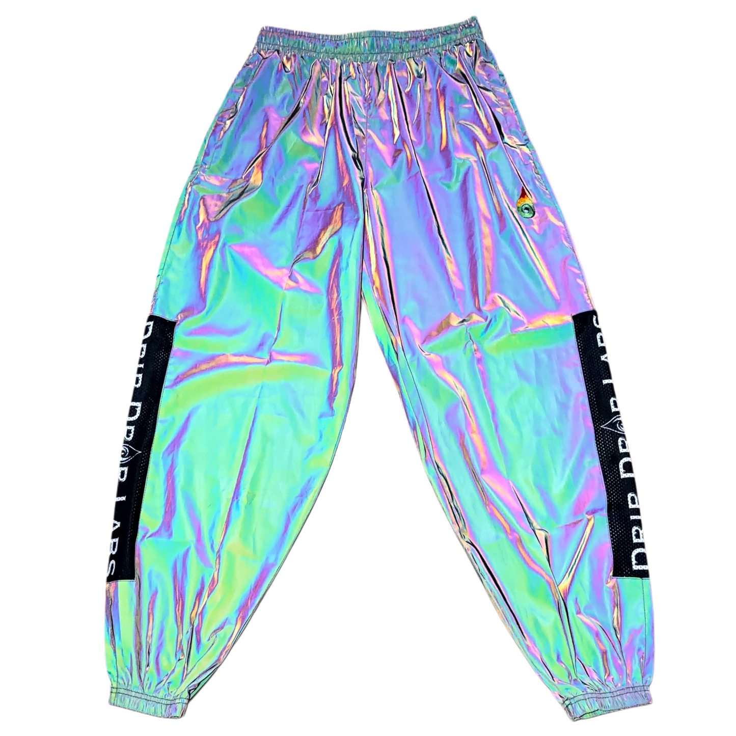 Reflective parachute pants by Drip Drop Labs featuring shiny fabric, loose fit, and adjustable waistband for a modern streetwear look.