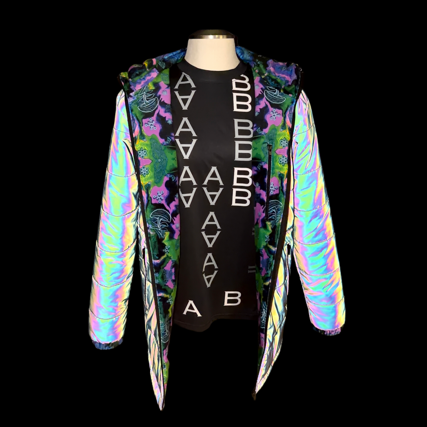 Holographic Dual Reflective Puffer Jacket - EDM Winter Coat