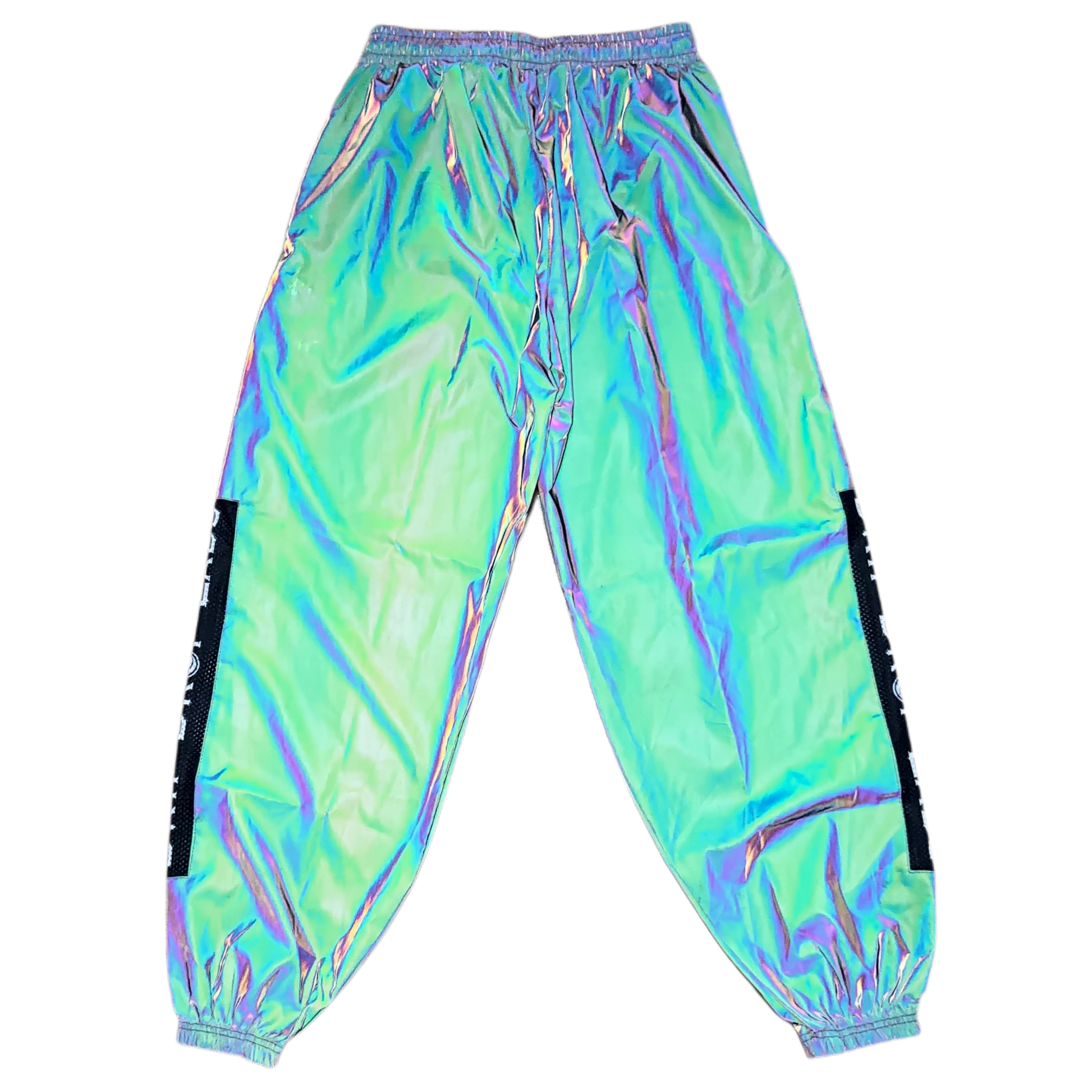 Reflective parachute pants from Drip Drop Labs featuring shiny fabric, adjustable waistband, and relaxed fit.