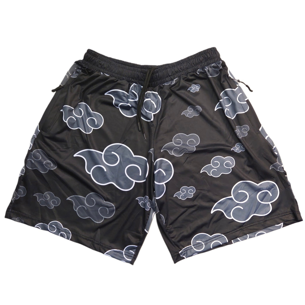Black AK Drip Cloud Shorts by Drip Drop Labs, made from lightweight fabric with a relaxed fit and cloud pattern design.