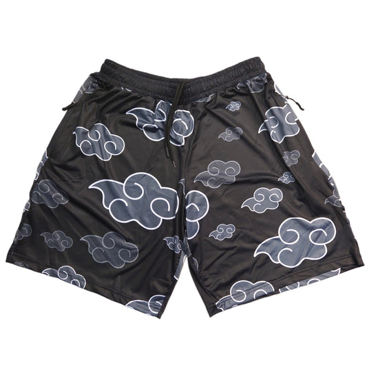 Black AK Drip Cloud Shorts by Drip Drop Labs, made from lightweight fabric with a relaxed fit and cloud pattern design.
