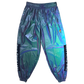 Reflective parachute pants by Drip Drop Labs featuring shiny, metallic fabric and adjustable waistband on a white background.