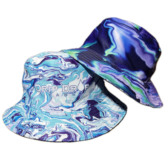 Festival bucket hat with marbled swirl pattern purple and white reversible bucket hat by Drip Drop Labs