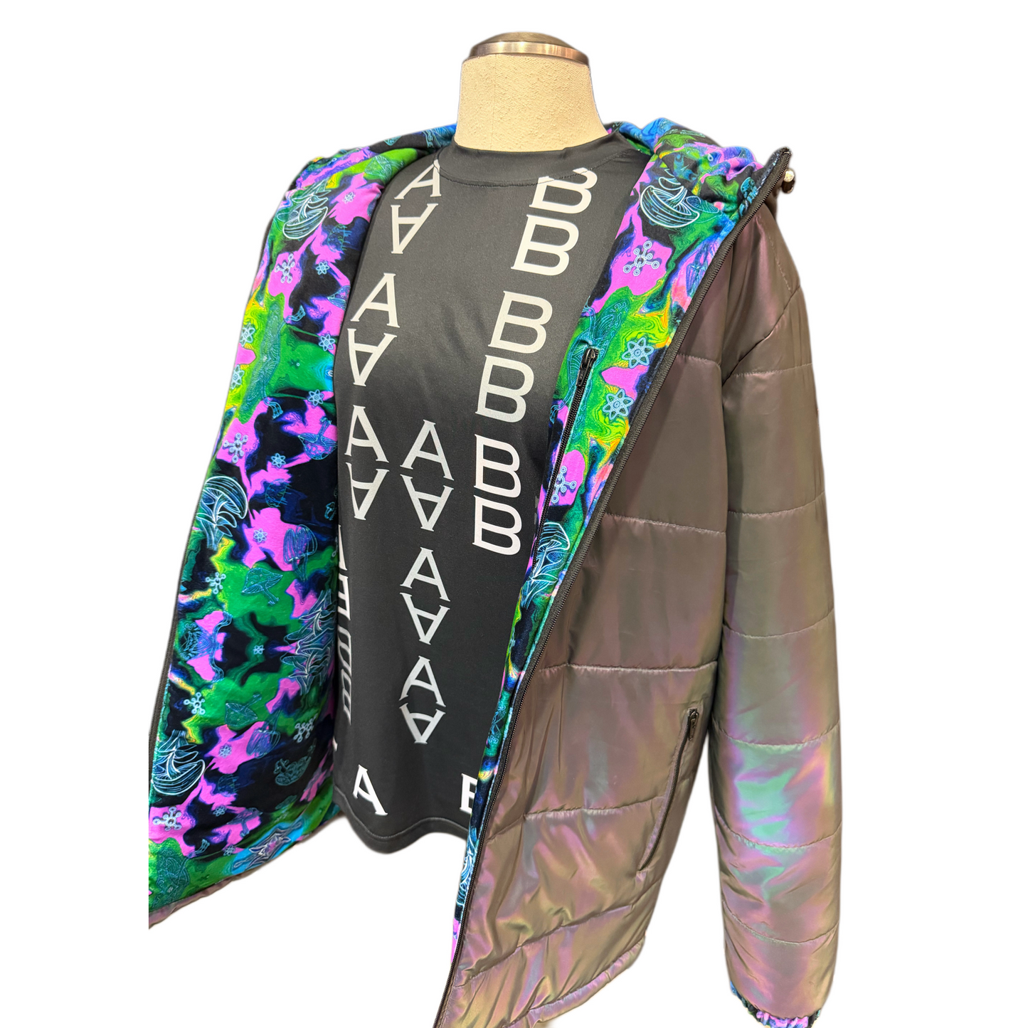 Holographic Dual Reflective Puffer Jacket - EDM Winter Coat
