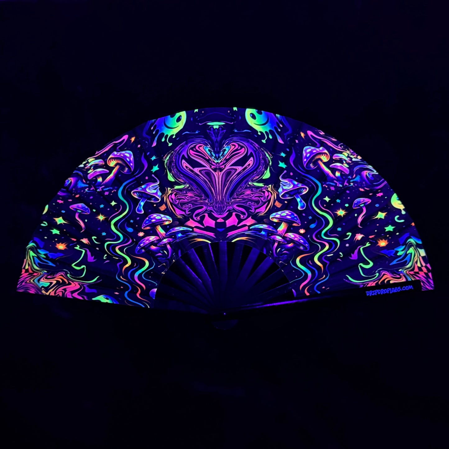 Neon mushroom and abstract design on a black background