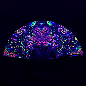 Neon mushroom and abstract design on a black background