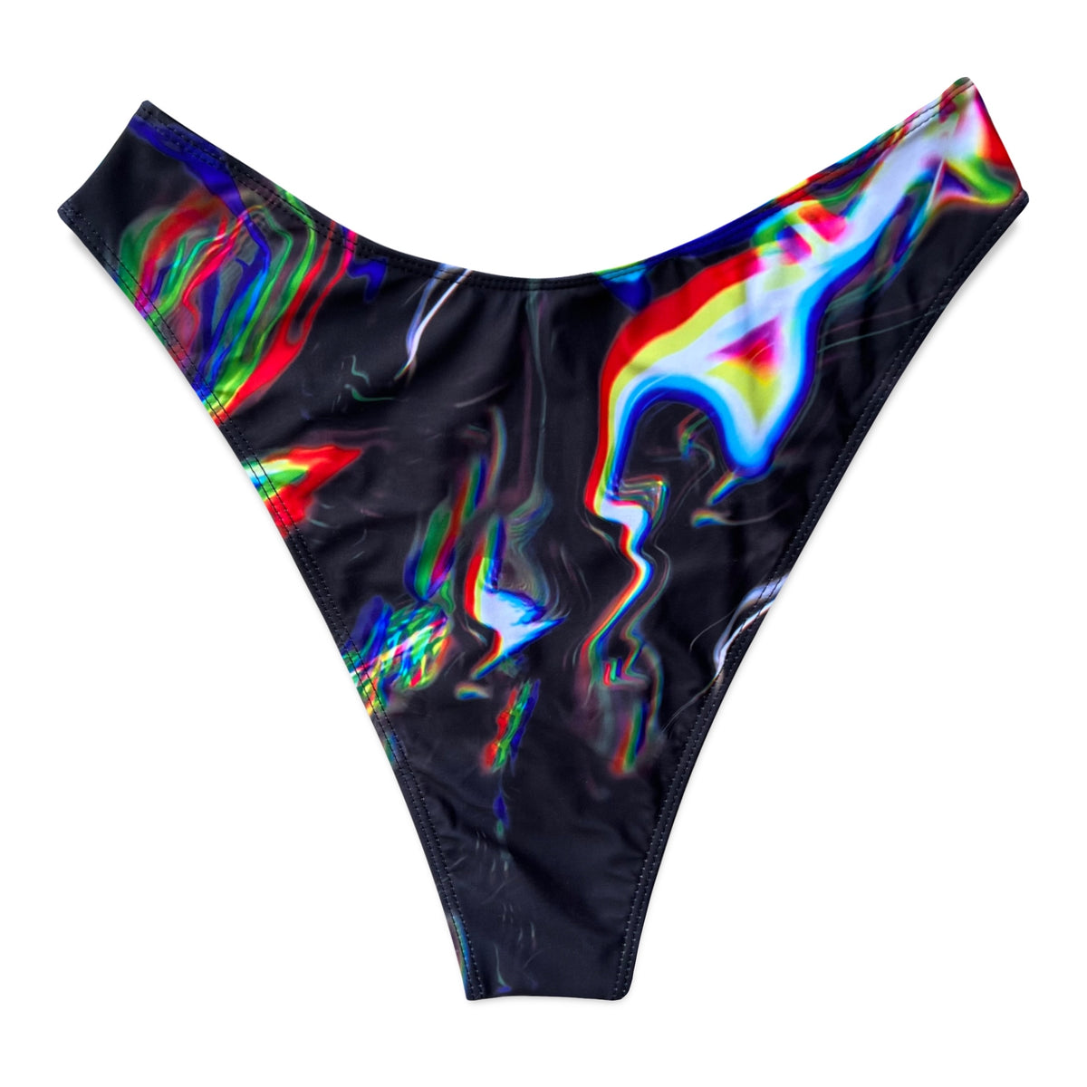 Women’s Chromatic Seduction bikini rave bottoms by Drip Drop Labs, featuring vibrant, colorful fabric with a stylish fit.