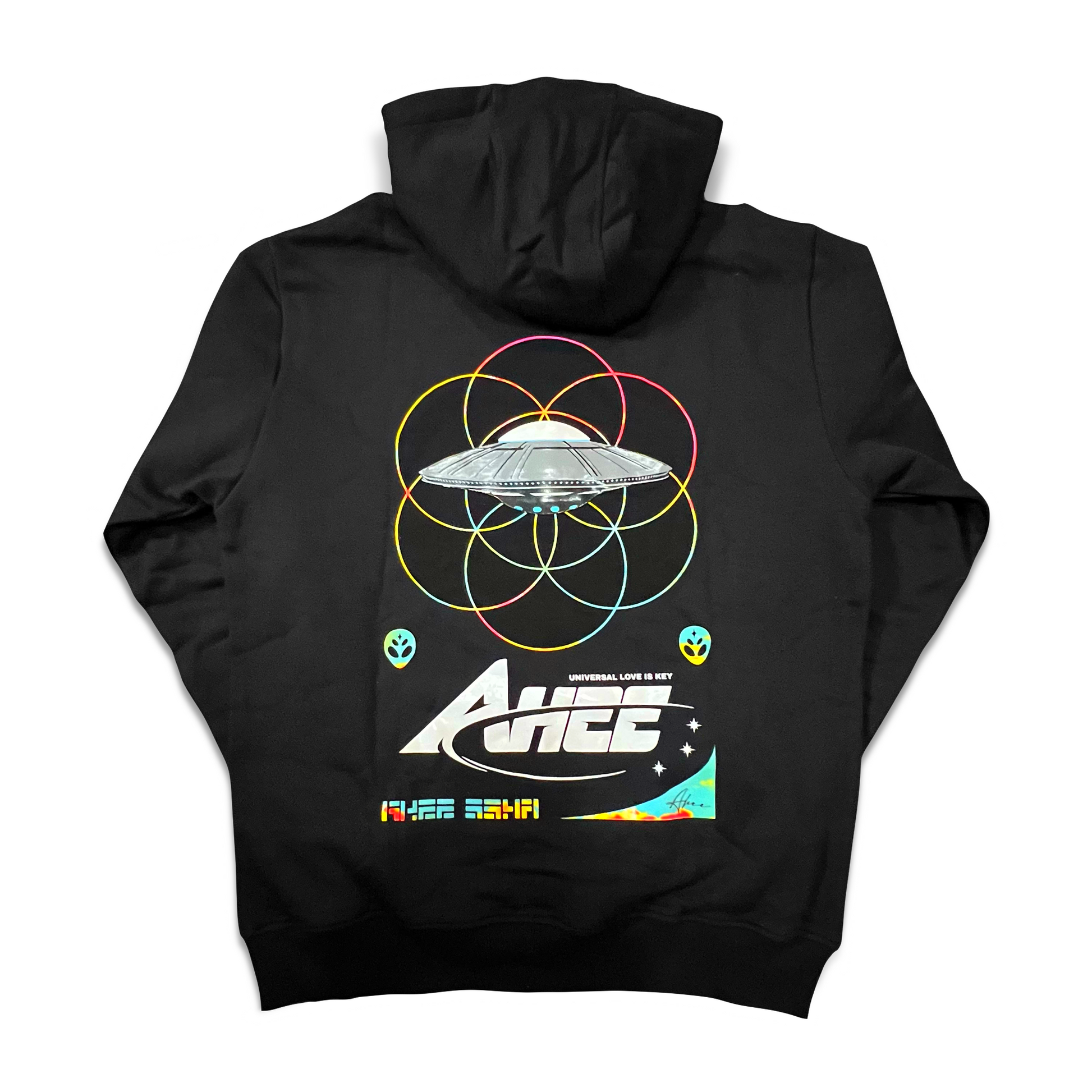 A black athletic hoodie by Drip Drop Labs featuring "Universal Love is Key" text and a graphic design on the front.