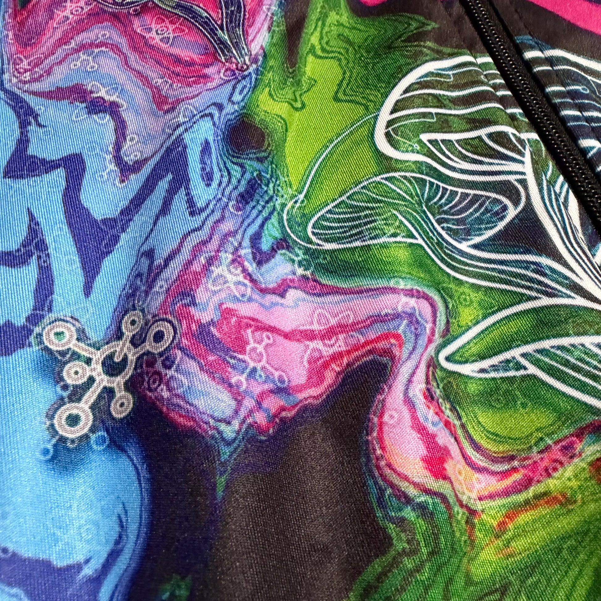 Alien Mushrooms zip-up hoodie by Drip Drop Labs, athletic hoodie with vibrant mushroom and alien design on the front.