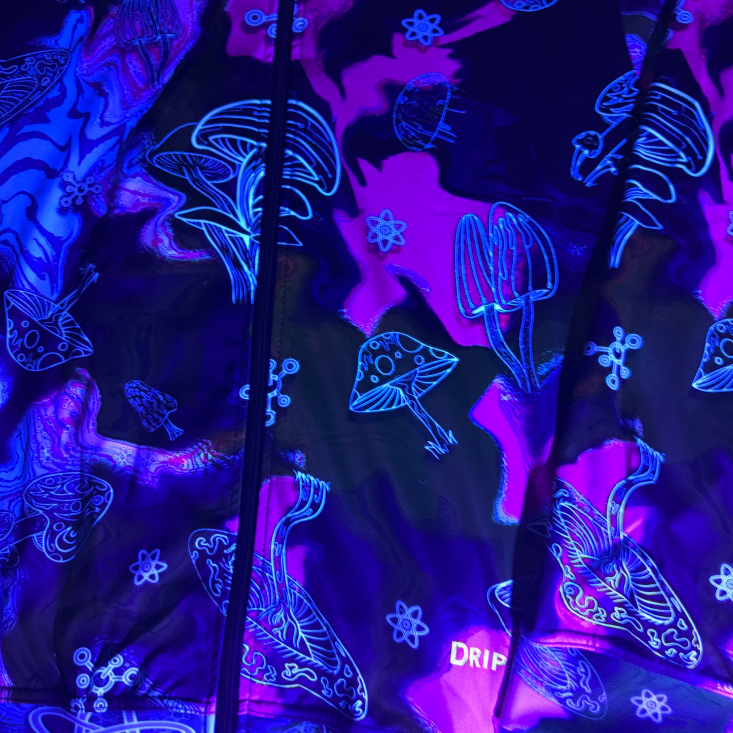 Alien Mushrooms zip-up hoodie by Drip Drop Labs, athletic hoodie with vibrant mushroom and alien graphic design.
