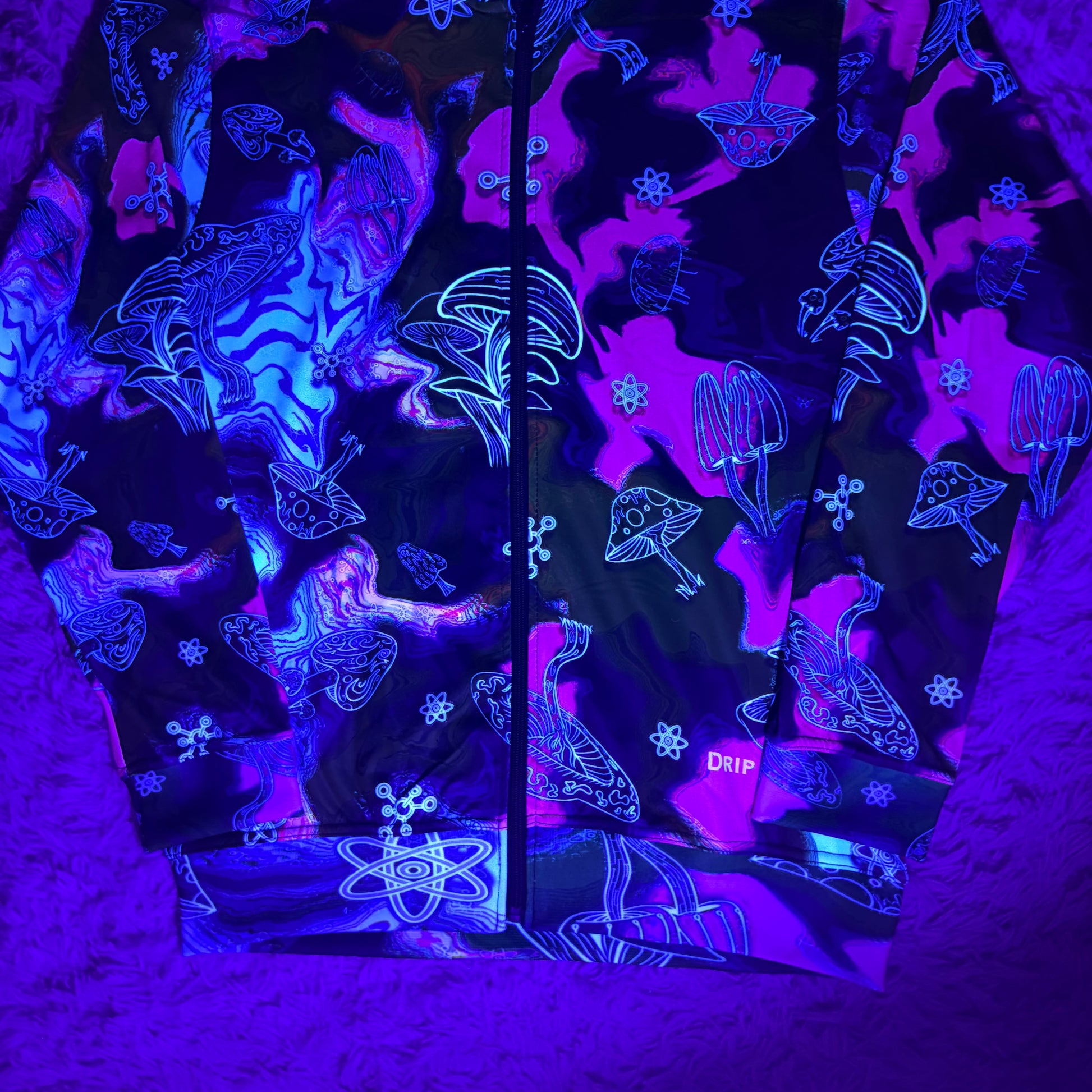 Drip Drop Labs Alien Mushrooms zip-up athletic hoodie featuring a vibrant mushroom design on black fabric.