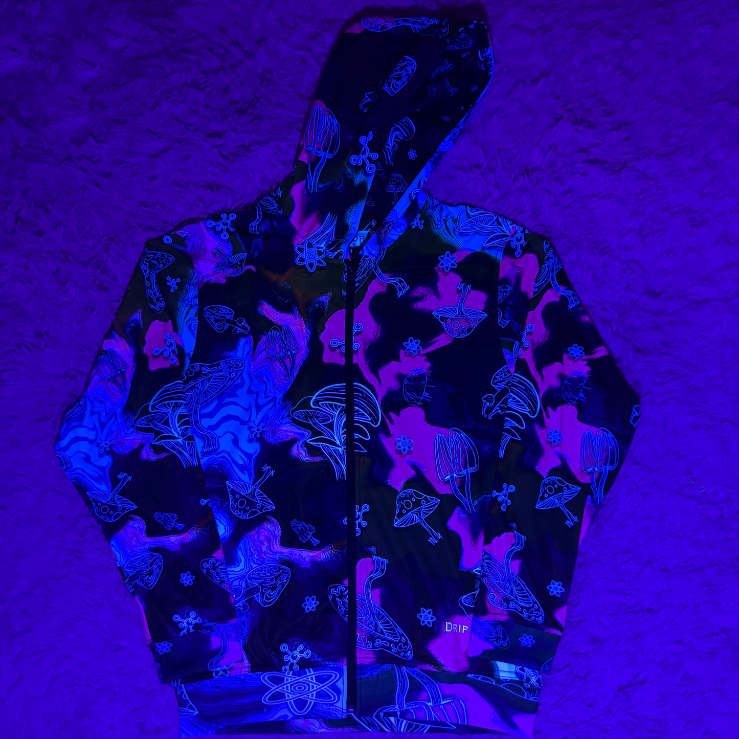 Alien Mushrooms zip-up hoodie by Drip Drop Labs, athletic hoodie featuring vibrant alien mushroom design and comfortable fit.