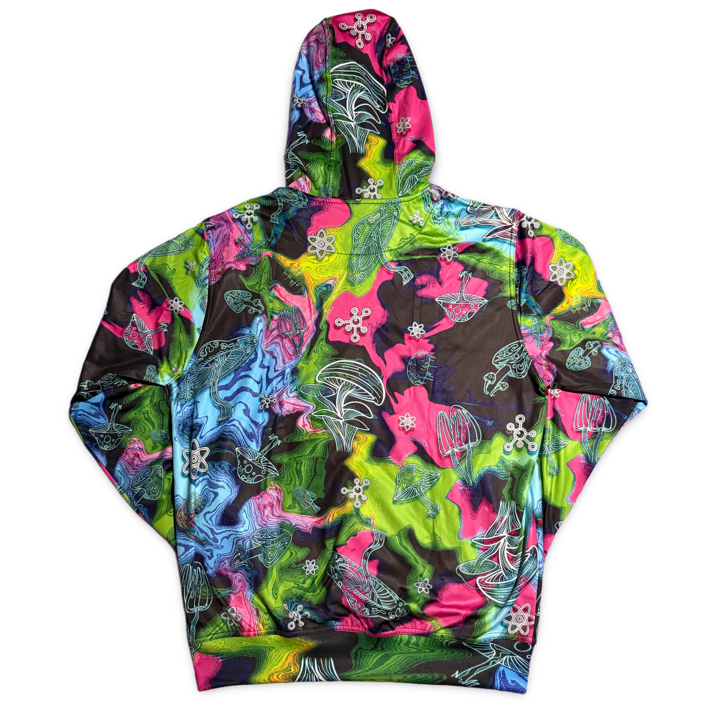 Drip Drop Labs Alien Mushrooms zip-up hoodie featuring vibrant alien mushroom graphic on athletic hoodie fabric.