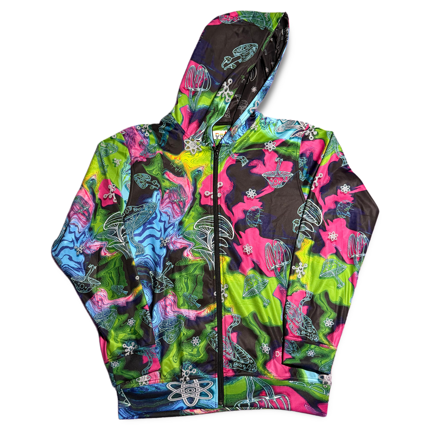 Alien Mushrooms zip-up hoodie by Drip Drop Labs, featuring a vibrant alien mushroom design on a comfortable athletic hoodie.
