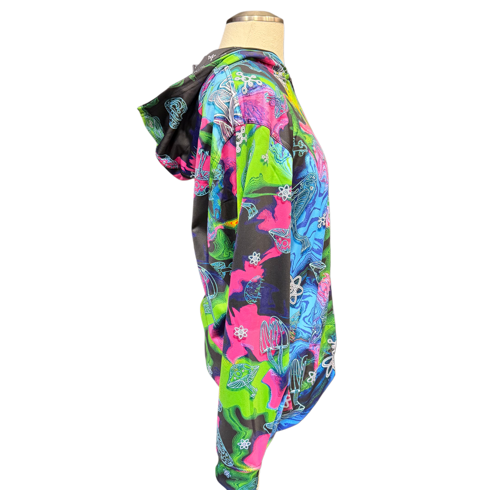 Drip Drop Labs Alien Mushrooms zip-up athletic hoodie featuring colorful mushroom graphic on black fabric.