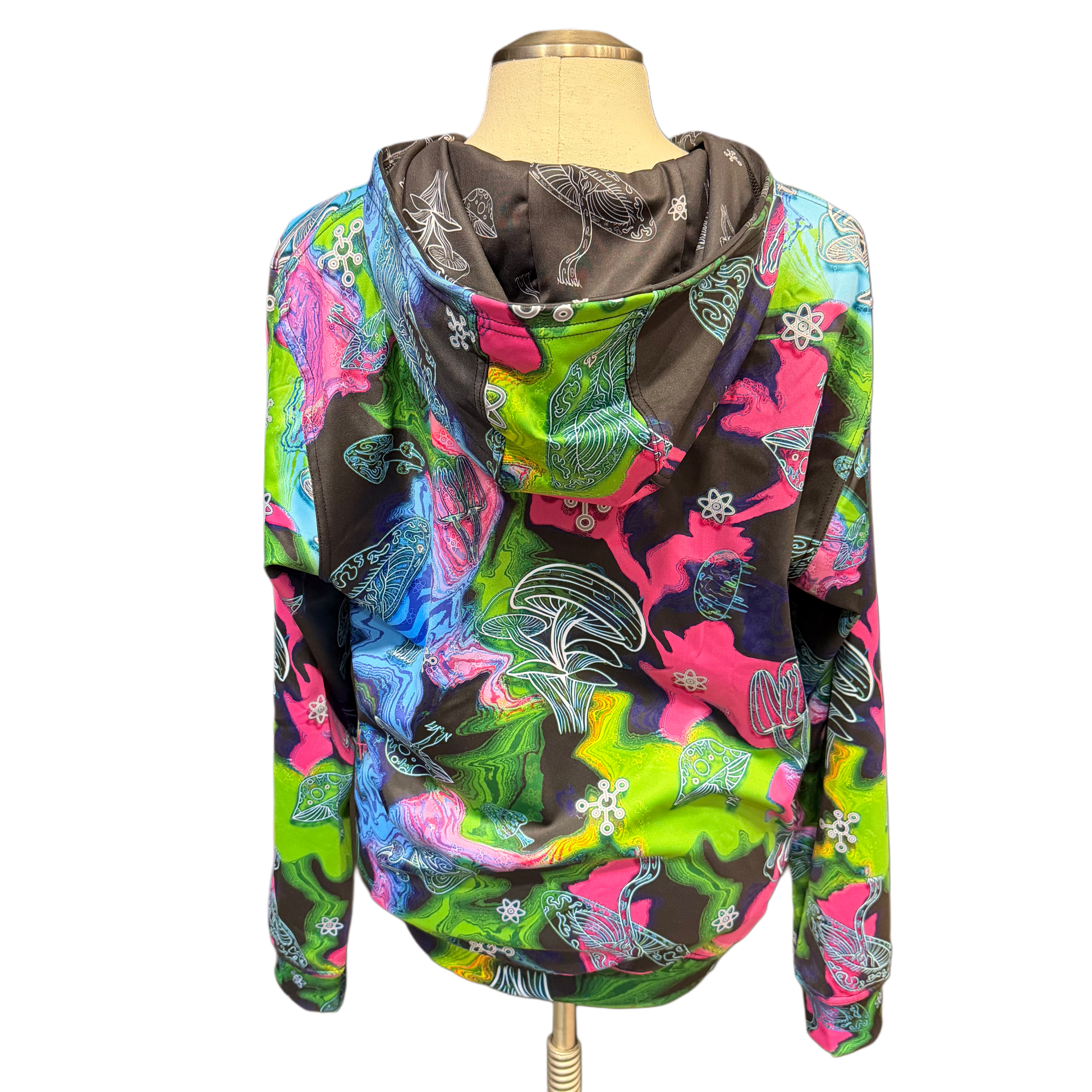 Alien Mushrooms zip-up athletic hoodie by Drip Drop Labs featuring vibrant mushroom and alien graphic design.