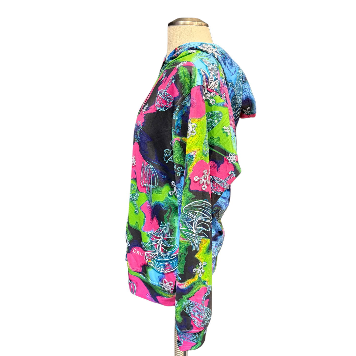 Black zip-up hoodie from Drip Drop Labs with colorful alien mushroom graphic, athletic style, and comfortable fit.