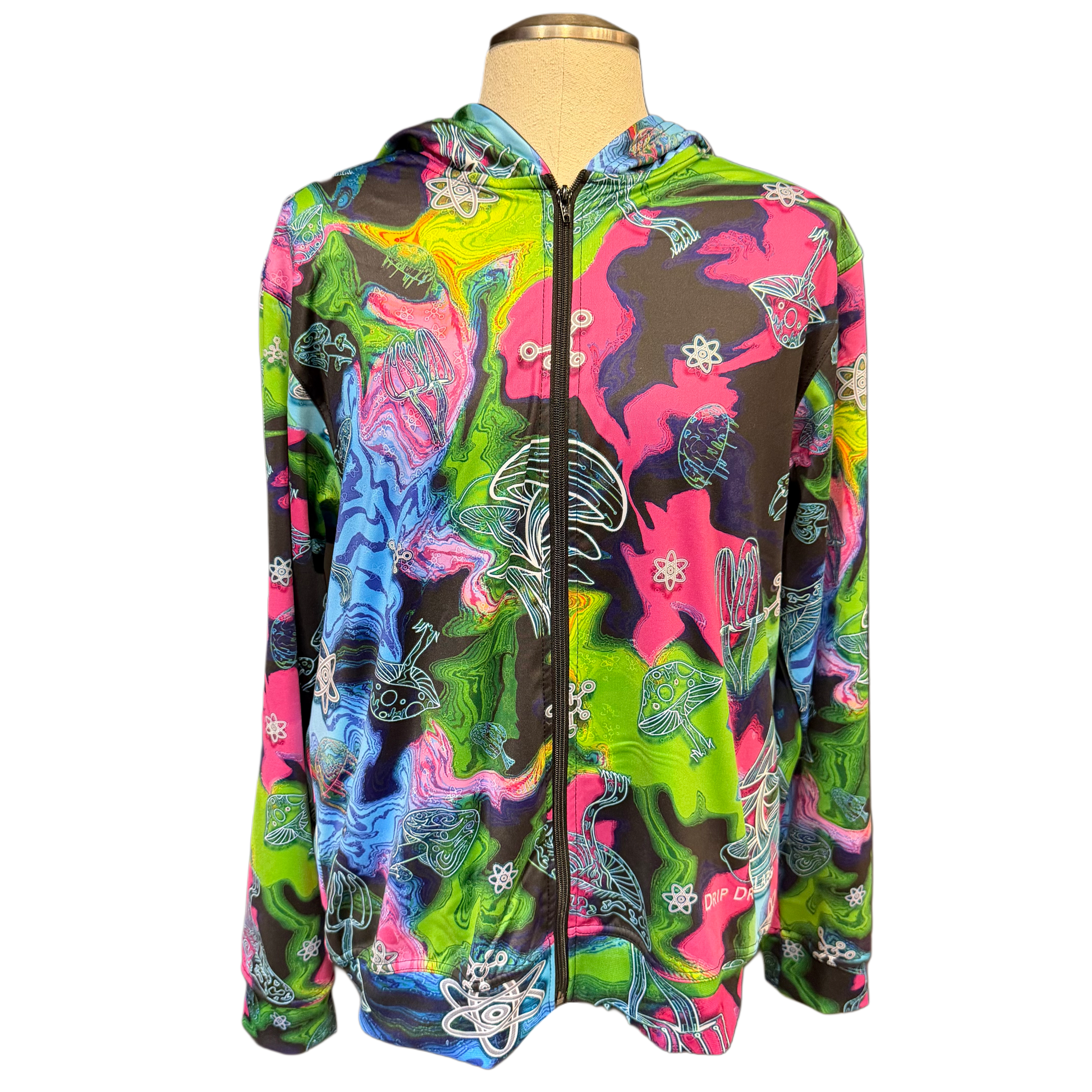 Alien Mushrooms zip-up hoodie by Drip Drop Labs featuring a vibrant alien mushroom graphic on a black athletic hoodie.