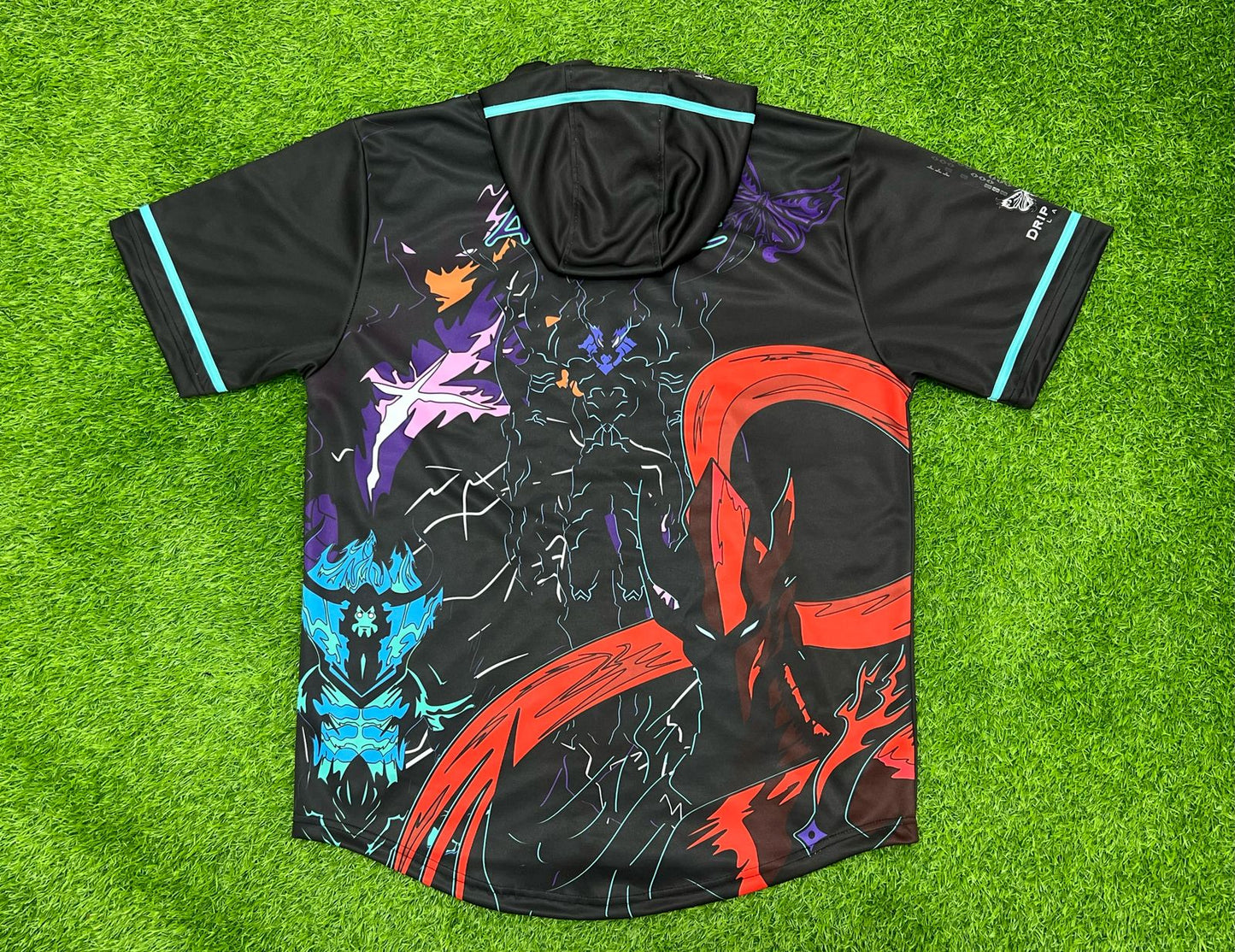 Drip Drop Labs Arise hooded baseball jersey featuring a stylish design with a hood, perfect for casual and rave fashion.
