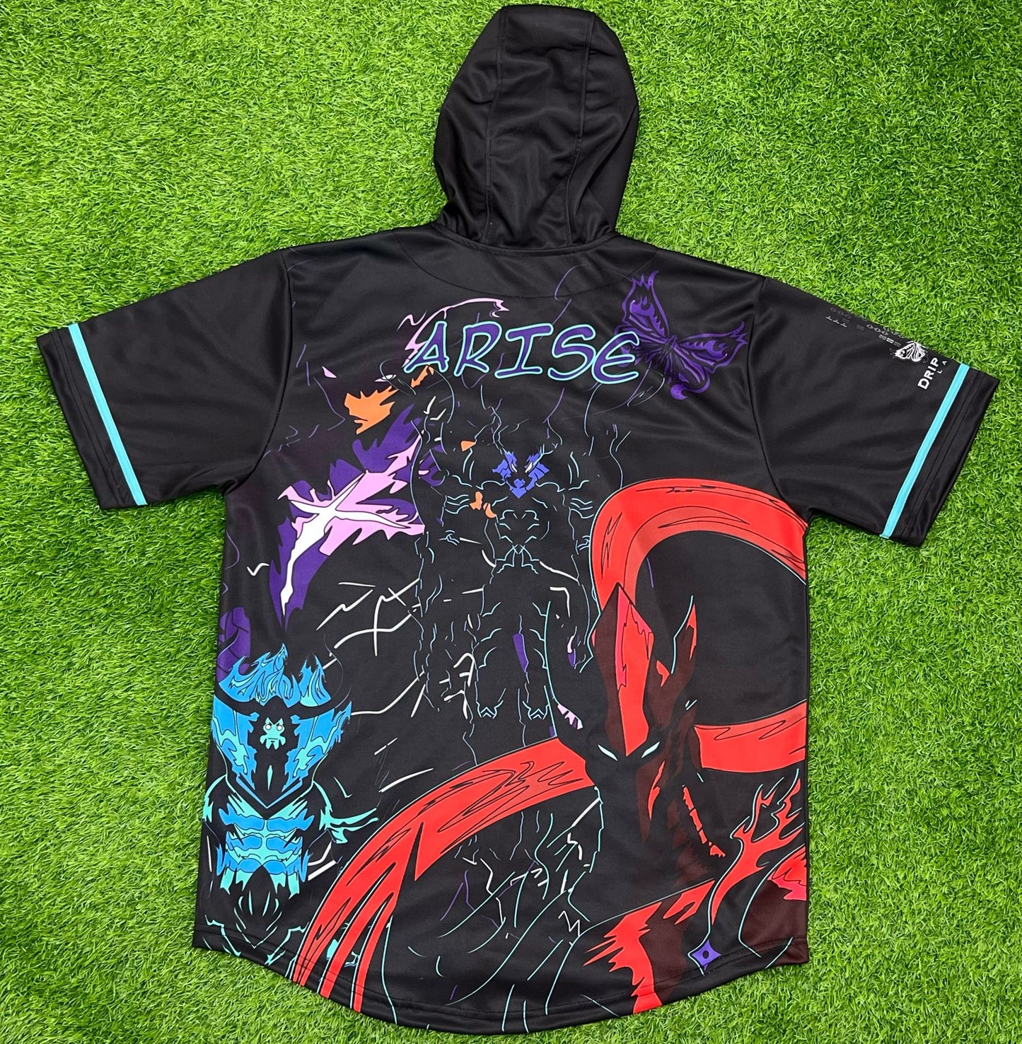 Drip Drop Labs Arise hooded baseball jersey featuring a sporty design and comfortable fit, perfect for casual and rave wear.