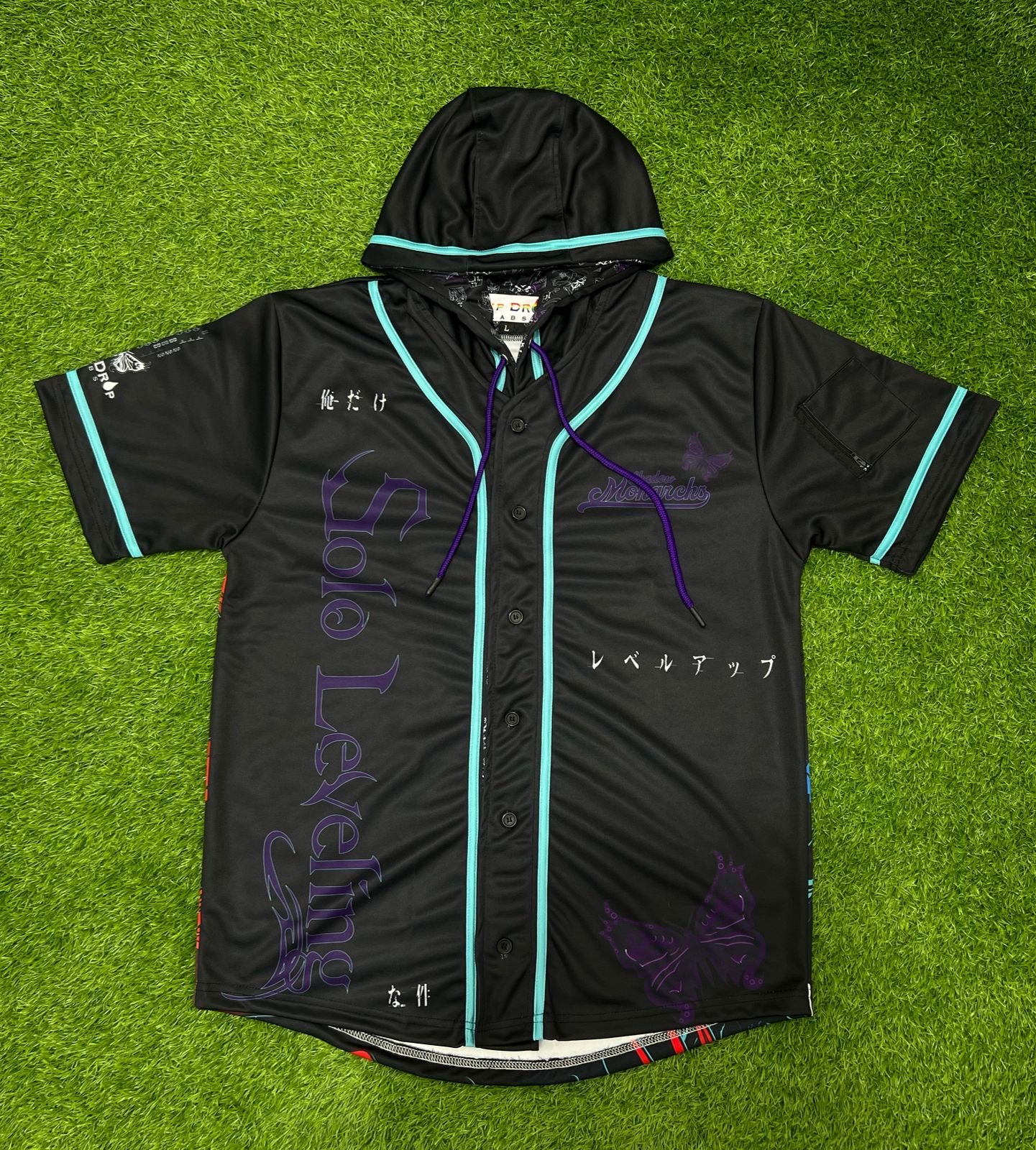 Drip Drop Labs Arise hooded baseball jersey featuring a stylish design with a hood and baseball-style sleeves.