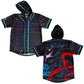 Drip Drop Labs Arise hooded baseball jersey with black and white design, featuring a front pocket and casual fit.