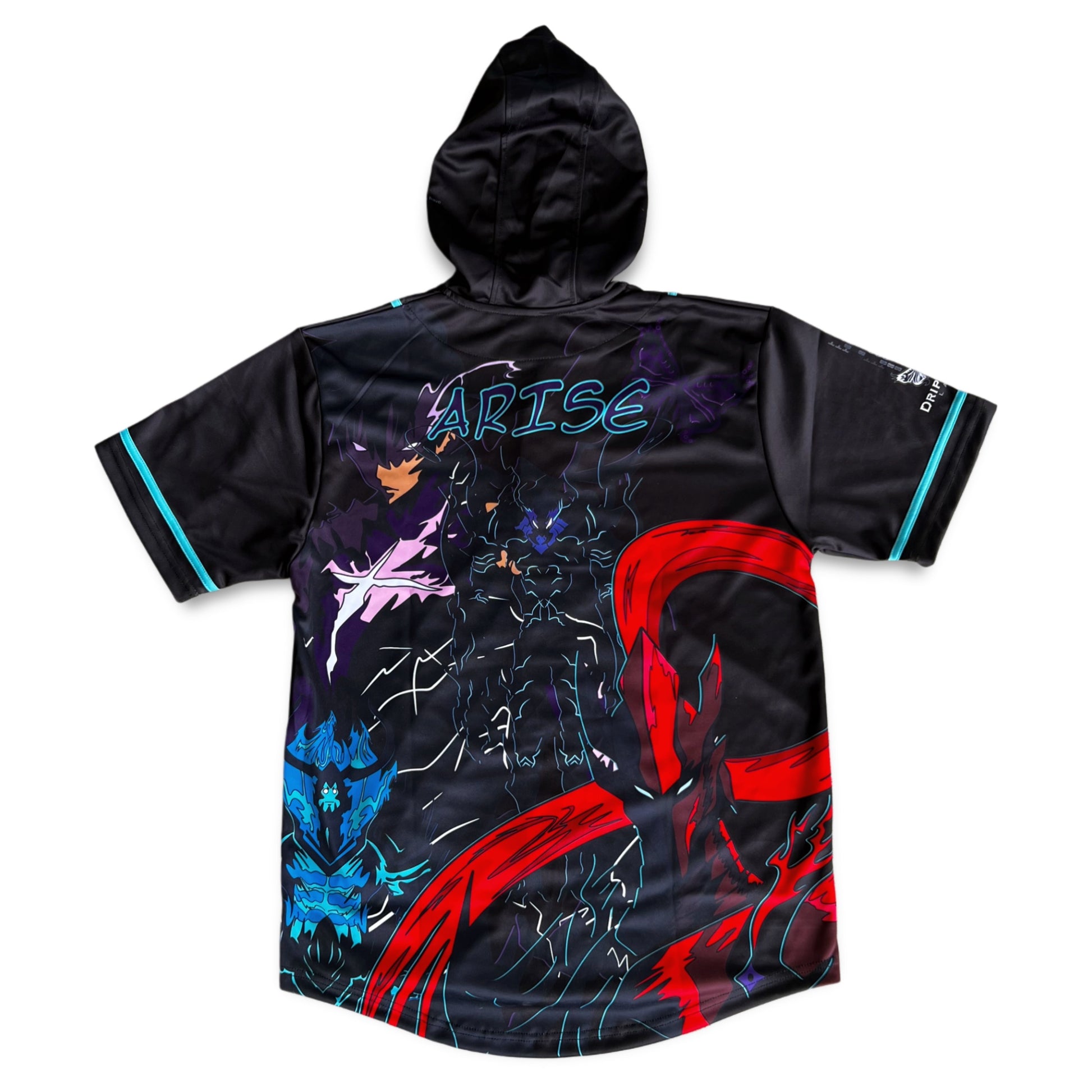Drip Drop Labs Arise hooded baseball jersey featuring a stylish design, casual fit, and comfortable fabric for rave and sportswear.