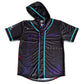 Drip Drop Labs Arise hooded baseball jersey, stylish rave jersey with a comfortable fit and bold design, front view.