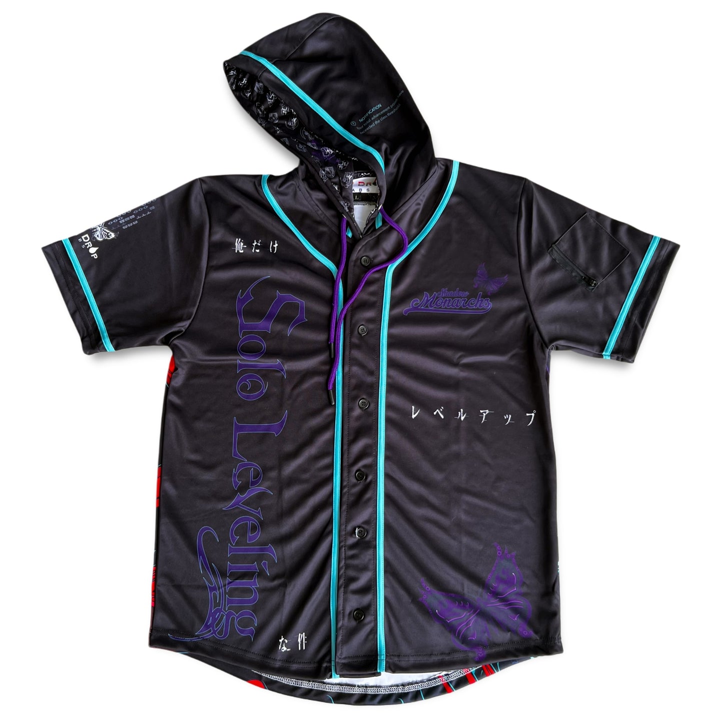 Drip Drop Labs Arise hooded baseball jersey, stylish rave jersey with a comfortable fit and bold design, front view.