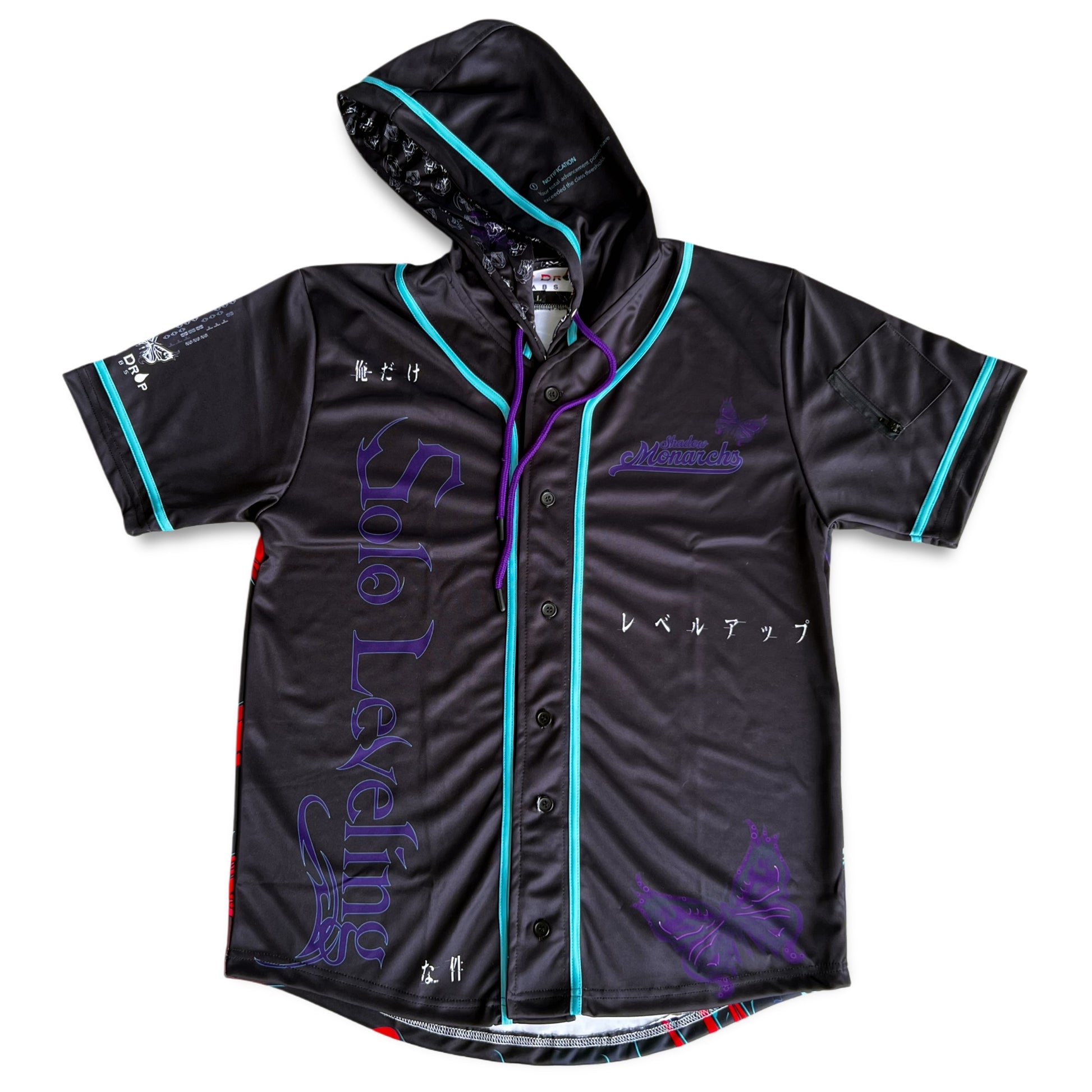 Drip Drop Labs Arise hooded baseball jersey, stylish rave jersey with a comfortable fit and bold design, front view.