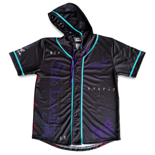 Drip Drop Labs Arise hooded baseball jersey, stylish rave jersey with a comfortable fit and bold design, front view.