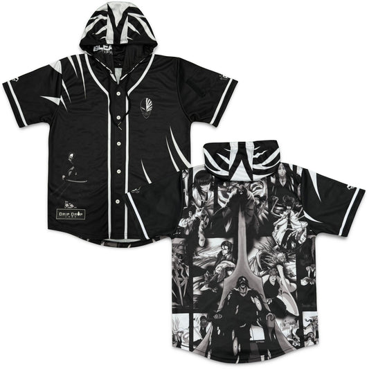BleachDrip hooded baseball jersey by Drip Drop Labs featuring bold bleach drip design and classic baseball jersey style.