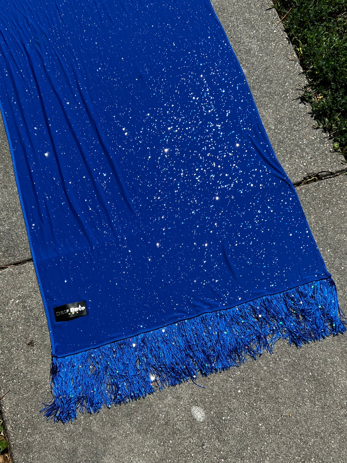 Blue Galactic Pashmina scarf by Drip Drop Labs, showcasing soft fabric with a galaxy-inspired pattern and luxurious drape.