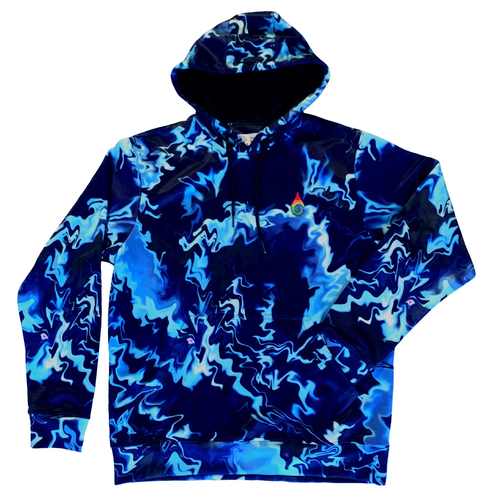 Blue Waves athletic hoodie by Drip Drop Labs featuring a vibrant wave pattern on the front, made from comfortable fabric.