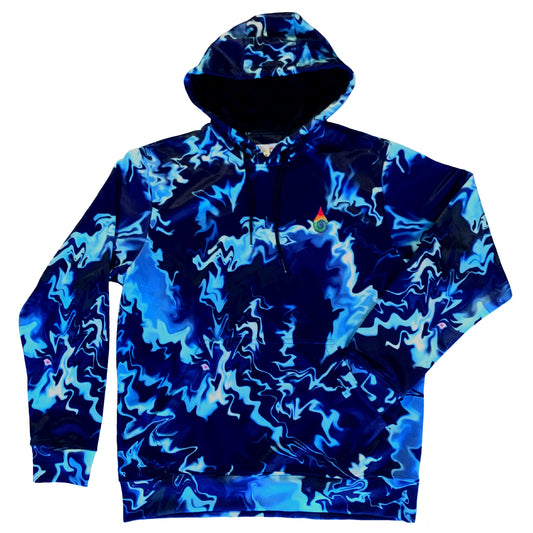 Blue Waves athletic hoodie by Drip Drop Labs featuring a vibrant wave pattern on soft, comfortable fabric.