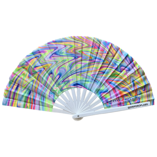 Candy Swirl Glow Fan by Drip Drop Labs, a colorful handheld fan with vibrant swirl design and glowing features.