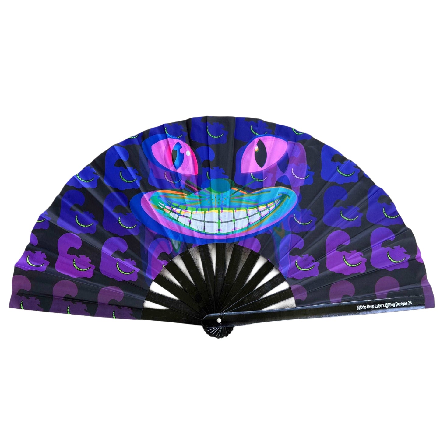 CheshireDrip Glow Fan by Drip Drop Labs with illuminated blades, colorful LED lights, and sleek modern design for cooling and style.