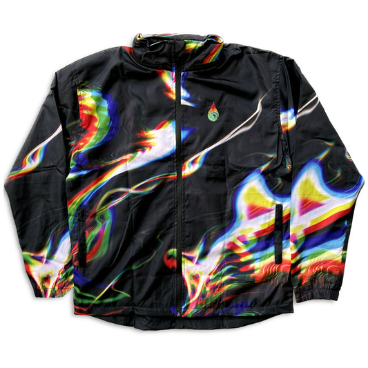 Chromatic Drip Zip Up Hood Windbreaker by Drip Drop Labs, lightweight waterproof jacket with colorful design and adjustable hood.