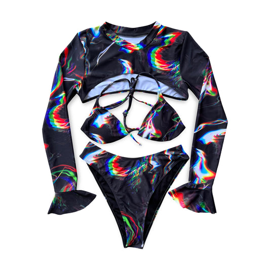 Brightly colored full-coverage bathing suit from Drip Drop Labs' Chromatic Seduction collection, featuring a stylish, vibrant design.