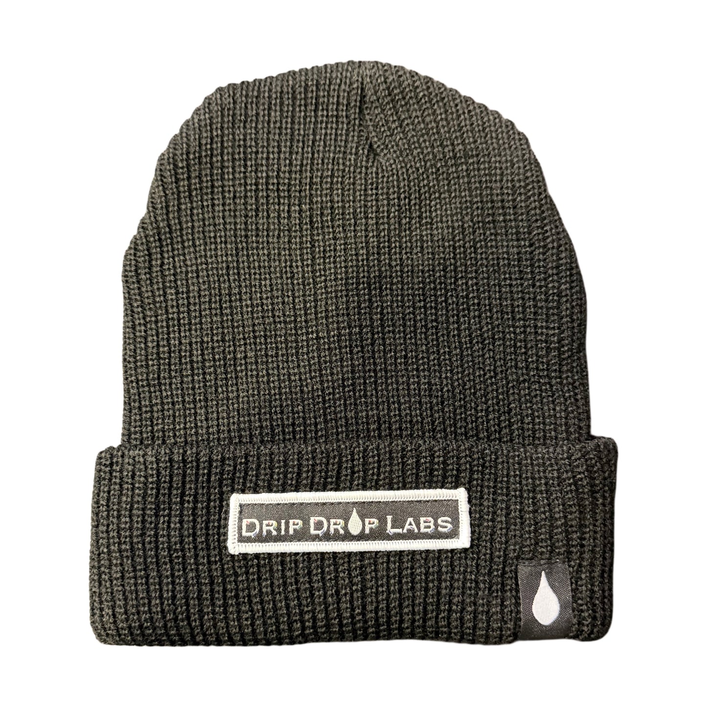 Drip Drop Labs beanie in black with embroidered logo, snug knit hat for warmth and style in cold weather.
