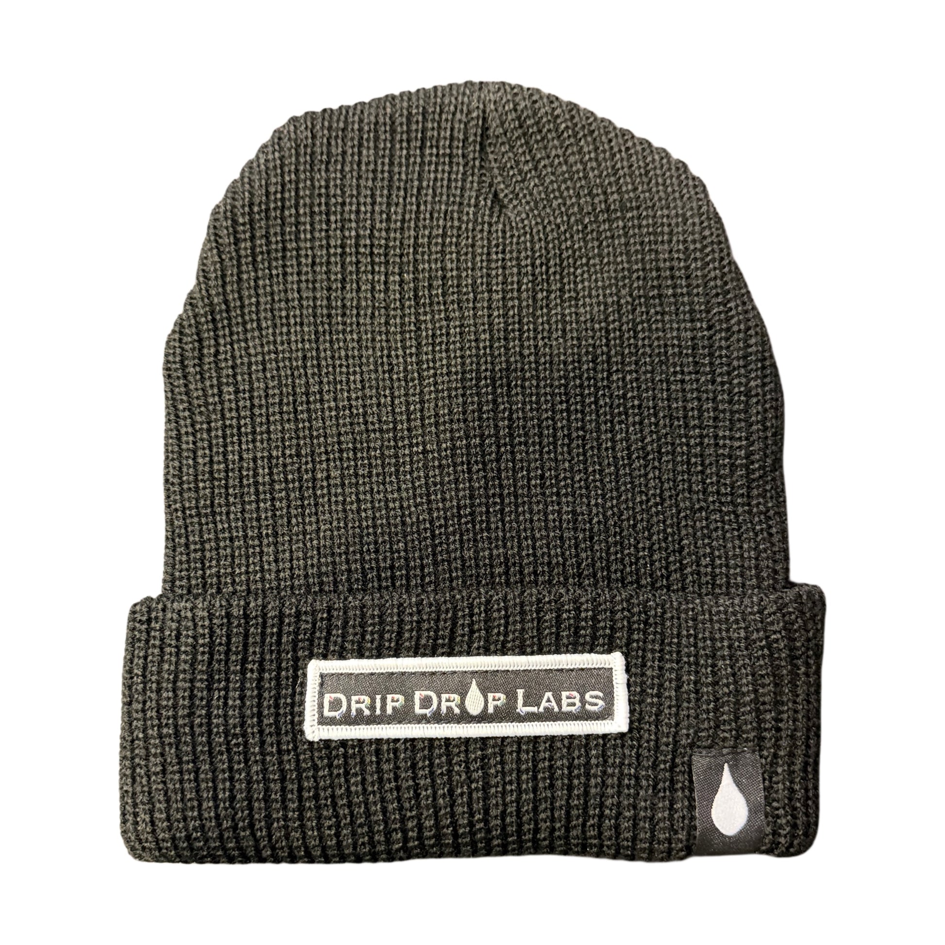 Drip Drop Labs beanie in black with embroidered logo, snug knit hat for warmth and style in cold weather.