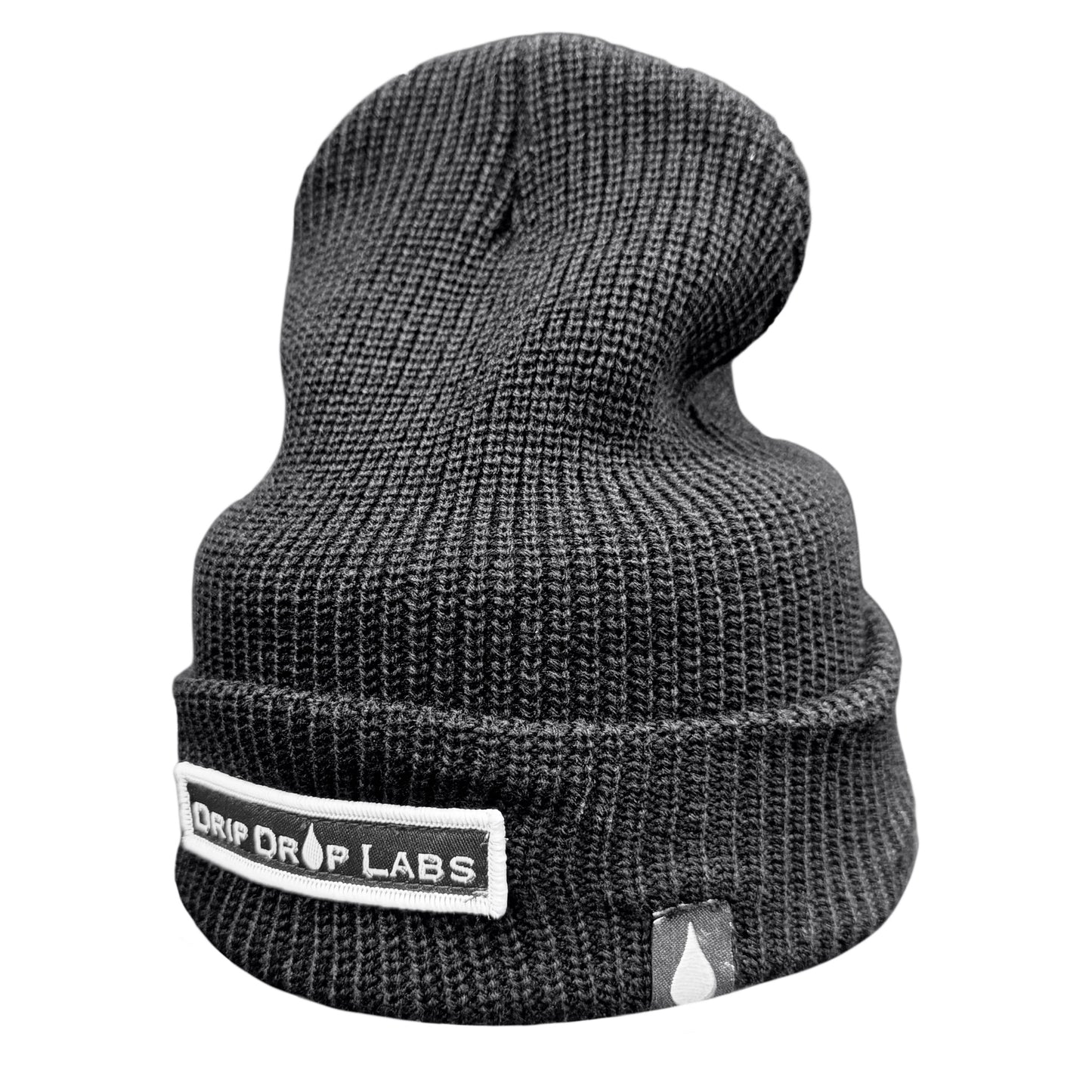 Orange Drip Drop Labs beanie with black logo patch, knit fabric, and snug fit, perfect for cold weather.